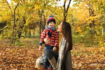 Mother with her cute son spending time together in park. Autumn walk