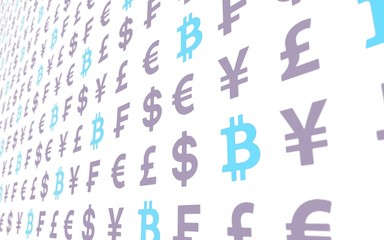 Bitcoin and currency on a white background. Digital Cryptocurrency symbol. Business concept. Market Display. 3D illustration