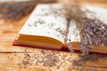 bunch of lavender and scattered dried flowers and opened old book on wooden desk. Shallow depth of field and soft focus. side view, closeup.
