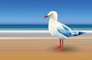 White seagull low polygon stand on sea blue sky background, red beak gull crystal design on gradient beach illustration. Bird gray wings geometric in summer horizon seashore.