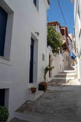 Fototapeta na wymiar Small Street and Beautiful Traditional White Greek Houses on Skopelos Island, Northern Sporades in the Aegean Sea