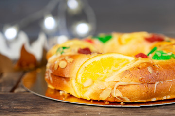 Roscon de Reyes traditional spanish cake for Epiphany festivites close up