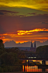 Regensburg city at sunset with a nice red sky
