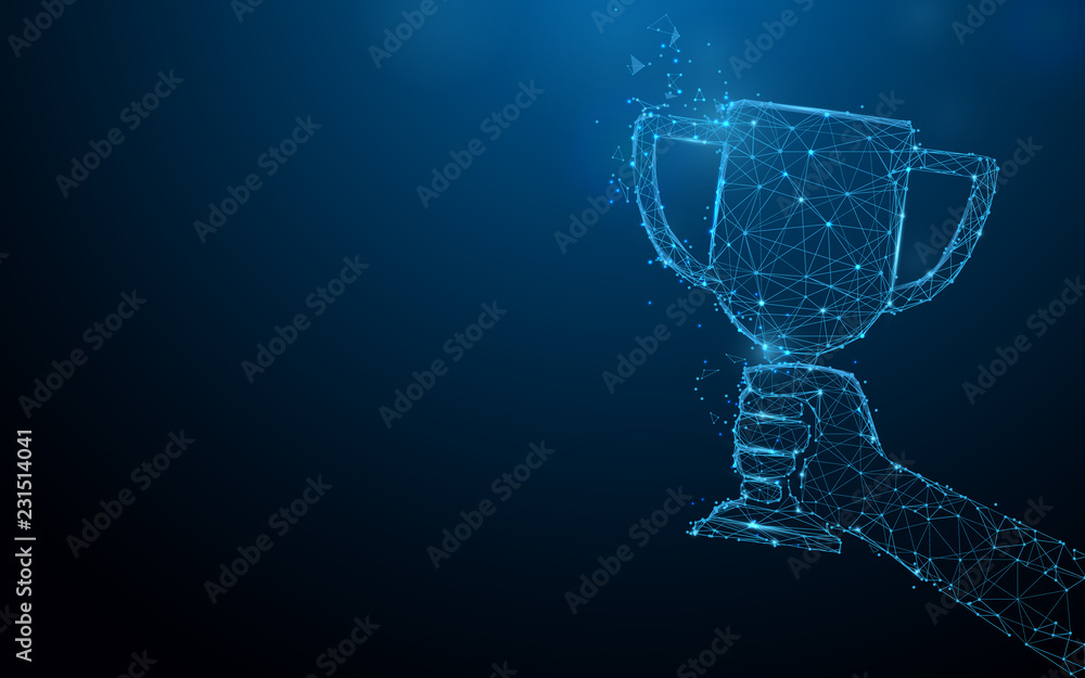 Poster hand holding trophy cup tophy form lines, triangles and particle style design. illustration vector