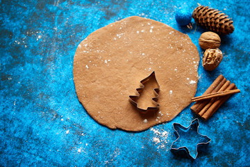 Christmas baking concept. Gingerbread dough with different cutter shapes and spices on sides. Top...