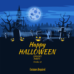 Poster Happy Halloween holiday pumpkin, cemetery, black abandoned castle, attributes of the holiday of All Saints, ghost, spider, black cat, a witch on a broomstick, a gloomy autumn forest, panorama
