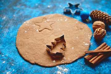 Christmas baking concept. Gingerbread dough with different cutter shapes and spices on sides. Top...