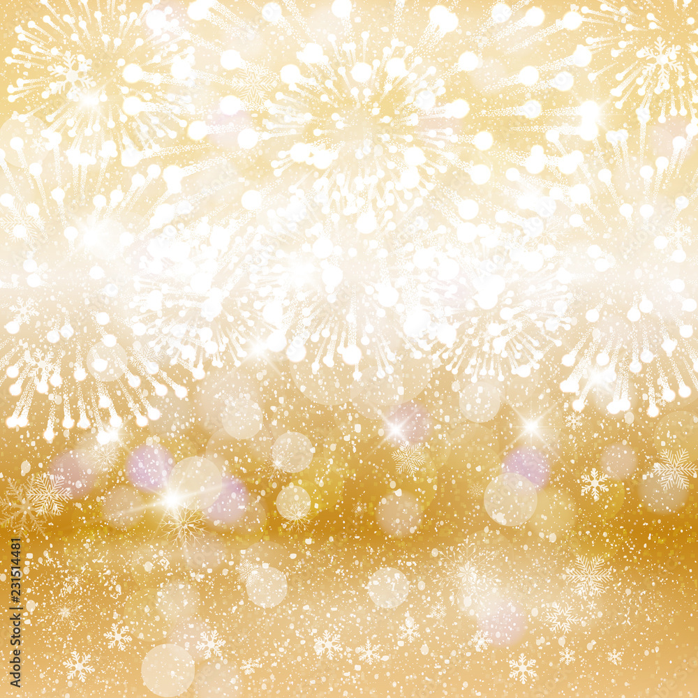 Wall mural festive fireworks on bright golden background. vector illustration.