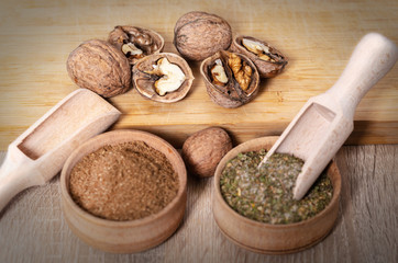 walnuts and dry spices close-up