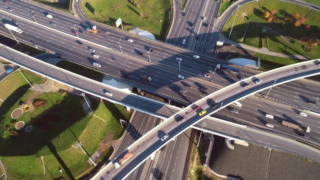 Aerial view of a freeway intersection traffic trails in Moscow.