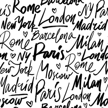 Seamless pattern with names of world cities Paris, Madrid, Barcelona, Rome, Milan, London, Moscow and New York. Modern hand drawn brush calligraphy illustration