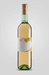 closed bottle of white wine with label on light background with shadow