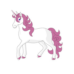 Cute cartoon unicorn on white background. White unicorn with pink mane in full growth. Vector illustration.