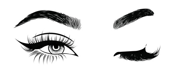 Abstract fashion illustration of the eye with creative makeup. Hand drawn vector idea for business visit cards, templates, web, salon banners,brochures. Natural eyebrows and glam eyelashes