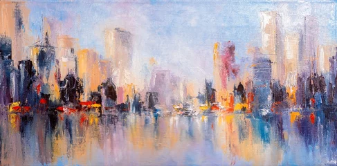 Wall murals Watercolor painting skyscraper Skyline city view with reflections on water. Original oil painting on canvas,