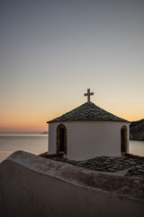 Minimalistic Architecture of the Greek Islands in the Aegean Sea - Sunrise at Christian Orthodox White Church at Skopelos, Northern Sporades - Panagitsa Tou Pirgou - Moody Image