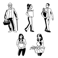 Grocery buyers man, woman, old man characters set in vector