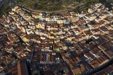 Aerial view of the beautiful village of Bosa with coloured houses. Bosa is located in the...