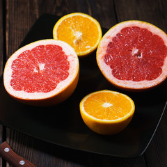 Fototapeta na wymiar citrus, fresh grapefruits, tropical background, food blog, summer refreshing concept