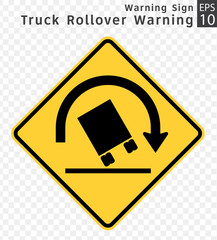 Road Sign. Warning. Truck rollover warning.  Vector Illustration on Transparent Background