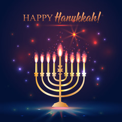 Happy Hanukkah Shining Background with Menorah, David Star and Bokeh Effect. illustration on dark.