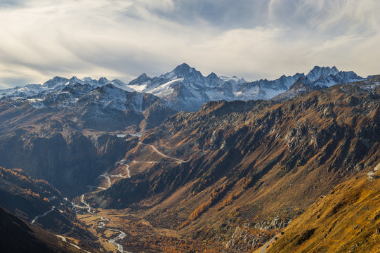 Furka and Grimsel two scenic mountain pass roads in Switzerland