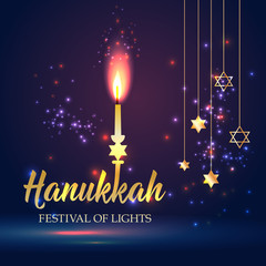 Naklejka premium Happy Hanukkah Shining Background with candle, David Star and Bokeh Effect. illustration on dark.