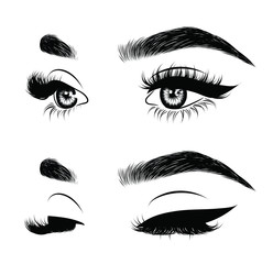 Fototapeta premium Abstract fashion illustration of the eye with creative makeup. Hand drawn vector idea for business visit cards, templates, web, salon banners,brochures. Natural eyebrows and glam eyelashes