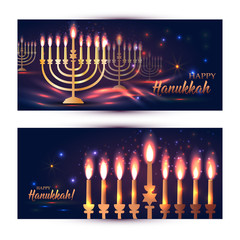 Happy Hanukkah Shining Background with Menorah, David Stars and Bokeh Effect. Set of banners on dark.