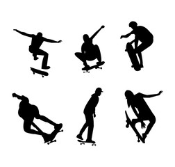 Black silhouettes of different skateboarding stunts and tricks, isolated on white background