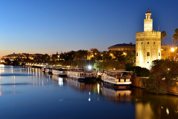 Fototapeta na wymiar Torre del Oro (Gold Tower) illuminated at night, medieval landmark from early 13th century in Seville, Spain