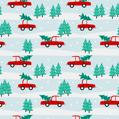 Christmas holiday car and Christmas tree seamless pattern.