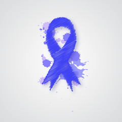 Blue Ribbon. Prostate cancer. Blue ribbon symbol of prostate cancer awareness on white background with watercolor drops.