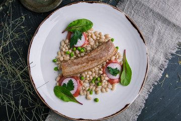 Beef ribs with beans and tomatoes in rustic design