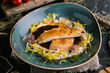 Chicken steak with mashed potatoes and salt