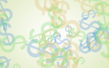 Multicolored translucent dollar signs on white background. Green tones. 3D illustration