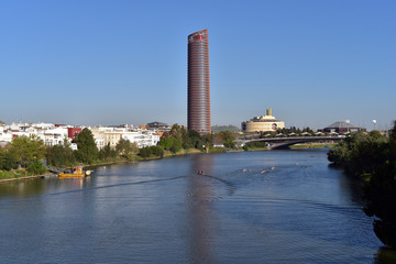 Fototapeta premium Rowing boats and Bridge of Triana (Puente de Triana) and Tower Seville on background