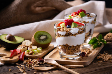 Healthy layered dessert with yogurt