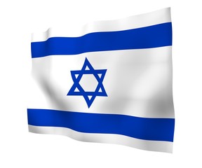 The flag of Israel. State symbol of the State of Israel. A blue Star of David between two horizontal blue stripes on a white field. 3d illustration