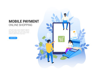 Online and mobile payments concept. Pos terminal confirms payment. Online banking and shopping for web page, social media, documents, posters vector illustration on white