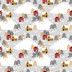 Village in Christmas season seamless pattern