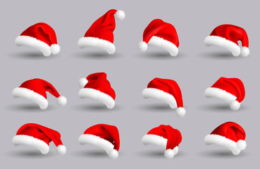 Collection of Red Santa Claus Hats isolated on gray background. Set. Vector Realistic Illustration.