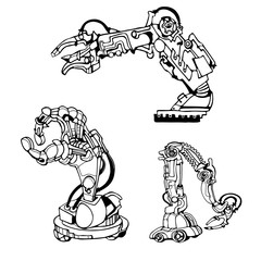 Vector abstract robot arm icons set illustrating industrial automation and fantasy machines. Hand drawn.