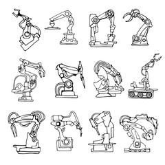 Black and white vector abstract robot arm icons set illustrating industrial automation and fantasy machines. Hand drawn.