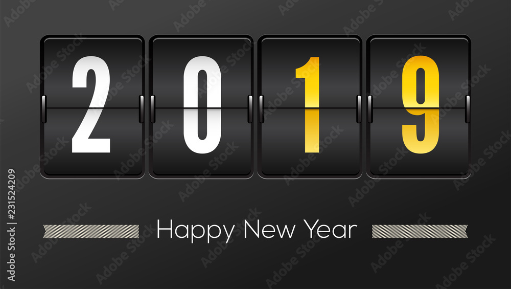 Aufkleber happy new year 2019. airport time table with numbers. flip countdown timer with number of year. coun