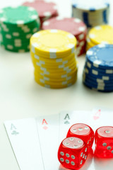 Gambling Cards Red Dices and Money Chips