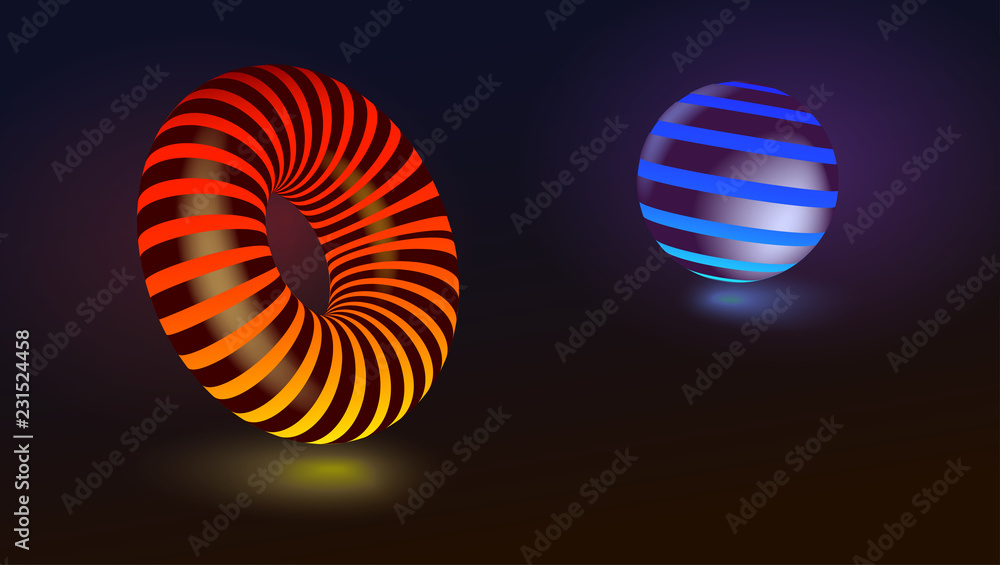 Aufkleber abstract geometric shapes. circle and sphere. colored glow forms isolated on black background. 3d ve