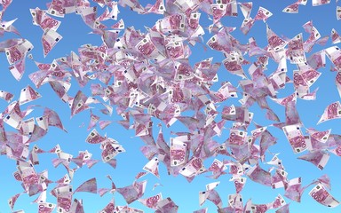 Flying euro banknotes against the sky background. Money is flying in the air. 500 EURO in color. 3D illustration