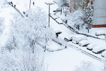 overhead view street with cars covered with snow