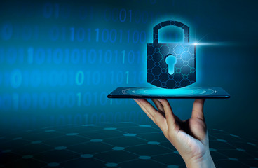 Unlocked smartphone lock Internet phone hand  press the phone to communicate in the Internet. Cyber security concept hand protection network with lock icon and virtual screens Space put message